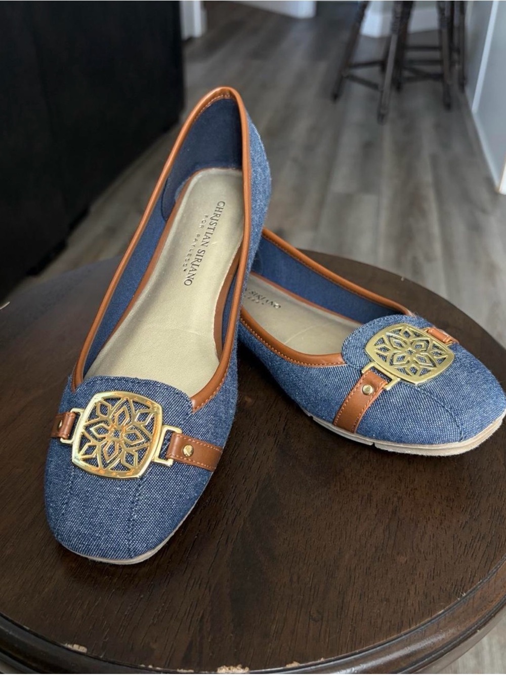 Christian Siriano Denim Ballet Flats with Tan Trim and Gold Medallion